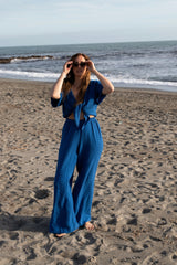 Royal blue muslin jumpsuit with bow