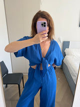 Royal blue muslin jumpsuit with bow