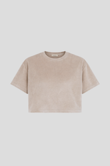 Nachhaltiges Cropped Shirt aus Nicki-Stoff in Sand – Made in Germany – Clara Himmel