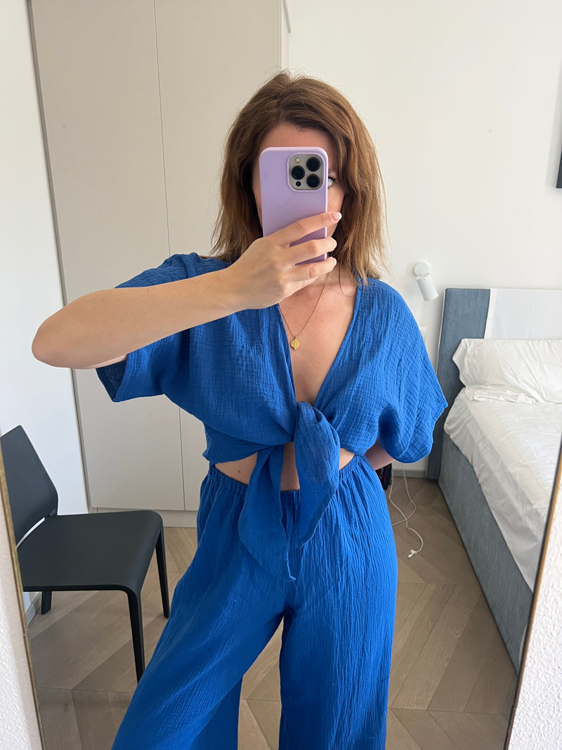 Royal blue muslin jumpsuit with bow