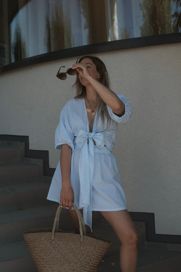 Wickelbluse mit Streifen Hellblau