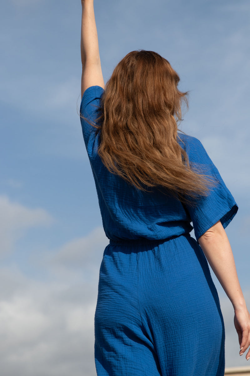 Royal blue muslin jumpsuit with bow