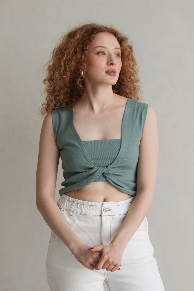 Wrap-Top aus Rippjersey Faded Green