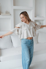 Leinenbluse mit Volants Sand