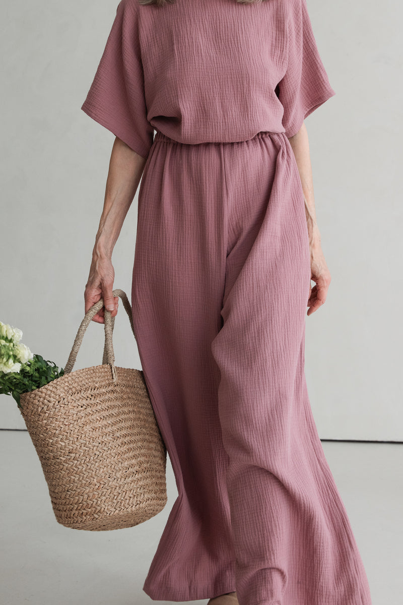 Jumpsuit Mauve aus Musselin mit Schleife