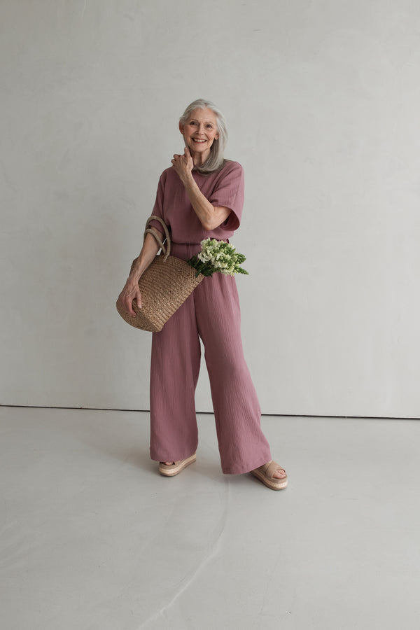 Jumpsuit Mauve aus Musselin mit Schleife
